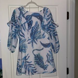 Lily Pulitzer white eyelet romper with blue palm leaf pattern